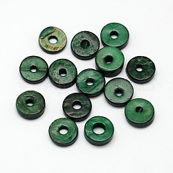 Bolas de coco donas teñidos, verde oscuro, 9x2~5mm, agujero: 2 mm, aproximamente 1612 unidades / 500 g
