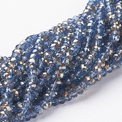 Perlas de rondelle facetado de vidrio electrochapa hebras, medio chapado, azul claro, 4x3mm, agujero: 1 mm, aproximamente 140 pcs / cadena, 16.5 pulgada