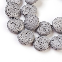 Electroplated Natural Lava Rock Bead Strands, Flat Round, Platinum Plated, 18~20x6~7mm, Hole: 1mm, about 20~21pcs/strand, 14.6 inch~15 inch(37~38cm)