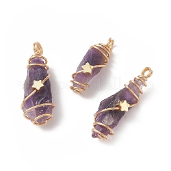 Natural Amethyst Copper Wire Wrapped Pendants, Nuggets Charm, Golden, 24~44x8~15x5~15.5mm, Hole: 2.5~4mm