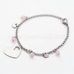 Bracelets en 304 acier inoxydable, avec quartz rose naturelle et pendentifs coeur, couleur inoxydable, 7-1/4 pouce (185 mm)