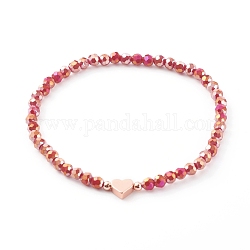 Bracelets de perles de verre rondes à facettes électrolytiques, avec des perles coeur en laiton, or rose, rouge indien, diamètre intérieur: 2-3/8 pouce (6 cm)