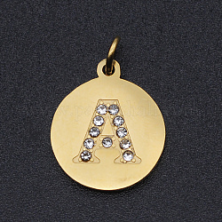 201 Stainless Steel Pendants, Laser Cut Pendants, with Jump Rings and Clear Cubic Zirconia, Flat Round with Letter, Letter A, Golden, 16.5x14x1.5mm, Hole: 3mm