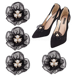4 pezzo di decorazioni per scarpe in tulle di poliestere, clip con fibbia per scarpe staccabile, fiore, nero, 58~60x20.5mm