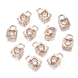 Brass Micro Pave Clear Cubic Zirconia Charms, Long-Lasting Plated, Cadmium Free & Lead Free, Lock with Heart, Light Gold, 12x8x3.5mm, Hole: 3.5x3mm