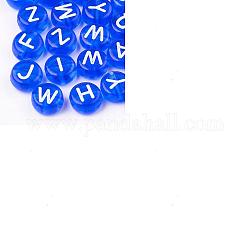 Transparente Acryl Perlen, flach rund mit weißen Mischbuchstaben, Blau, 7x4 mm, Bohrung: 1.5 mm, ca. 1480 Stk. / 200 g