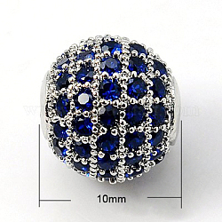 Perles de cubes zircone en laiton , ronde, bleu moyen, de couleur métal platine , 10mm
