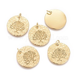Ion Plating(IP) 304 Stainless Steel Pendants, with Jump Rings, Textured, Flat Round with Dry Tree, Golden, 19x1mm, Hole: 3.4mm