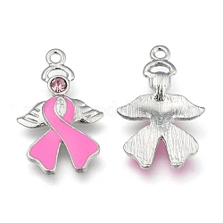 Ruban de sensibilisation au cancer du sein avec pendentifs en émail strass en alliage rose perle couleur platine aile d'ange, 23.5x15x2mm, Trou: 1.5mm