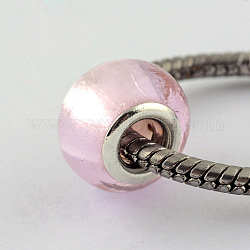 Main feuille argent perles en verre européennes, avec noyaux en laiton plaqué couleur argent, rondelle, perle rose, 14x10mm, Trou: 5mm