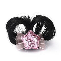 Pelucas de fibra de alta temperatura para niños, con clips de hierro bronce, paño y paillette, estrella, rosa perla, 28x43mm, 70mm, diámetro interior: 43 mm