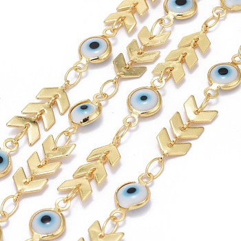 Handmade Brass Cobs Chains, with Evil Eye Enamel Links and Spool, Soldered, Long-Lasting Plated, Real 18K Gold Plated, 7x6x1.6~2mm and 13x6.5x2.5mm . about 32.8 Feet(10m)/roll