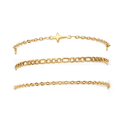 3 шт. 3 стиля браслетов-цепочек и звеньев из нержавеющей стали 304 Figaro и Cable для женщин BJEW-JB12431-1