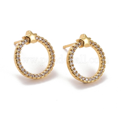 Серьги-гвоздики из латуни с кольцом и звездой и прозрачным кубическим цирконием KK-K258-31G-RS-1