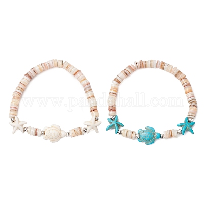 2шт. браслеты из синтетических бирюзовых бусин с изображением морских черепах и морских звезд BJEW-JB11881-1