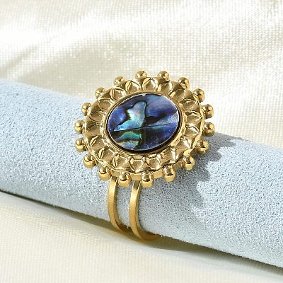 Плоские круглые перстни из ракушки пауа из нержавеющей стали 304 для женщин RJEW-G346-08G-01-1