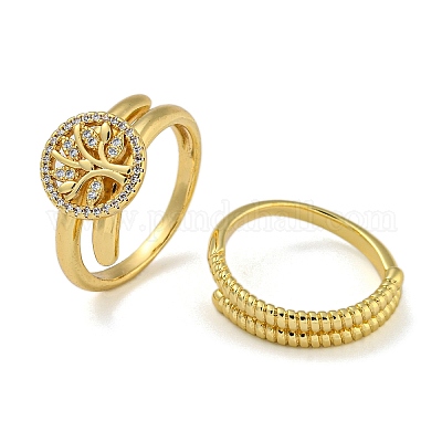 Плоские круглые с двойными кольцами из латуни с микропаве и древом жизни из прозрачного циркония RJEW-Z050-23G-1