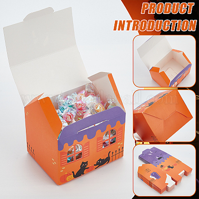 ハロウィーンテーマの紙箱  梱包用段ボール箱  猫の模様の家  オレンジ  8.5x11x12cm&nbsp;CON-WH0088-96-1