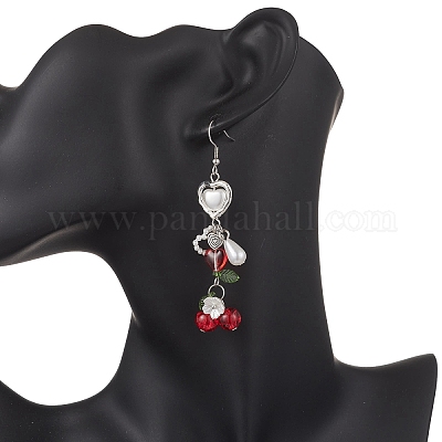 Серьги-подвески в форме сердца с вишней из нержавеющей стали 304 EJEW-JE06682-1