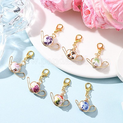 7 шт. подвесных украшений из фарфора и керамики с цветочным принтом ручной работы HJEW-JM04194-1