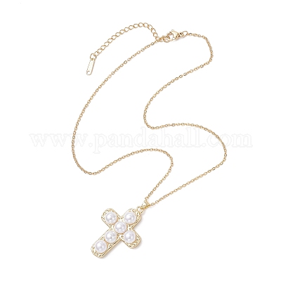 Подвеска-крестик из искусственного жемчуга ABS и латуни NJEW-JN05413-1