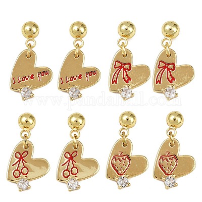 Серьги-гвоздики в форме сердца из латуни с прозрачным фианитом и прозрачным фианитом EJEW-S277-12G-1