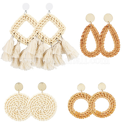 4 пара сережек-гвоздиков из ротанга в 4 стилях EJEW-SP0001-16C-1