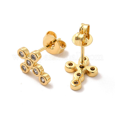 Серьги-гвоздики в виде крестов из латуни с микропаве из прозрачного кубического циркония EJEW-F301-28-1