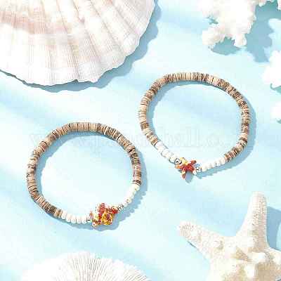Браслеты из кокосовых бусин с морскими черепахами и морскими звездами BJEW-JB11882-02-1