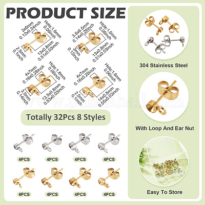 32 шт. 8 стиля фурнитуры для сережек-гвоздиков из нержавеющей стали 304 STAS-TA0002-96-1