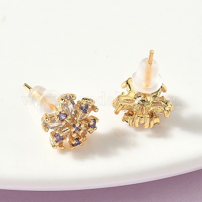 Серьги-гвоздики из латуни с микропаве из кубических цирконий в форме снежинки EJEW-Z152-02G-01-1