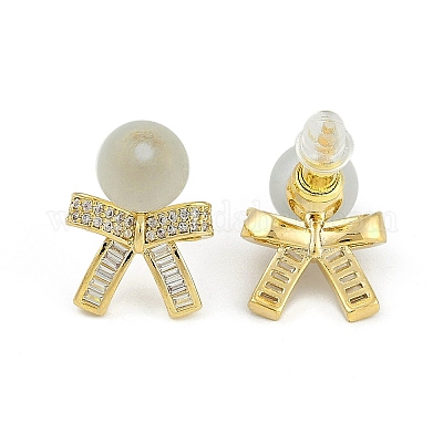 Женские серьги-гвоздики из латуни с микро-паве и бантом из прозрачного кубического циркония EJEW-Q391-26G-1