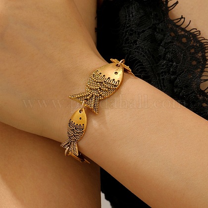 女性用合金リンクチェーンブレスレット 魚 アンティーク黄金 7-1/8