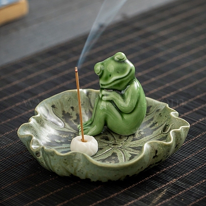 カエルと蓮の葉の磁器香炉 香立て ホームオフィス茶屋禅仏教用品