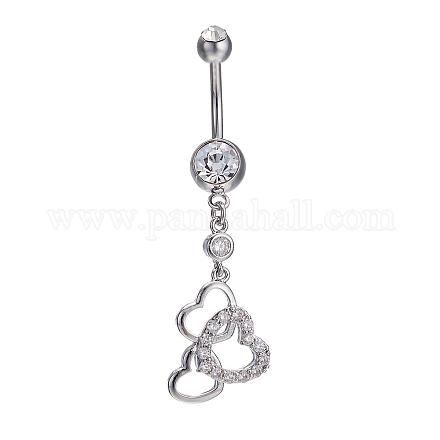 Piercing Jewelry Real Platinum Plated Brass Rhinestone Heart to Heart Navel Ring Belly Rings AJEW-EE0001-70A-1