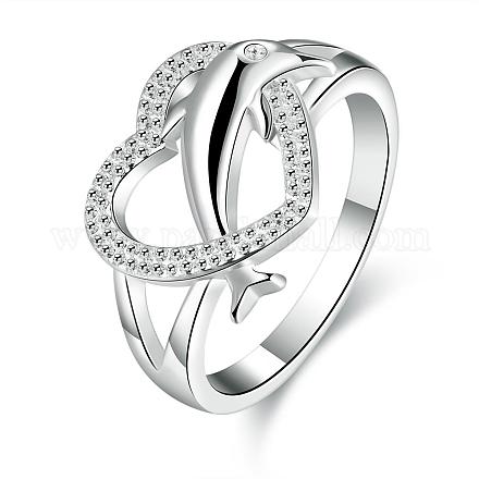 Обручальные кольца из латуни с серебряным покрытием в форме сердца и дельфина RJEW-BB00749-7-1