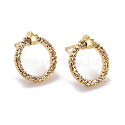 Серьги-гвоздики из латуни с кольцом и звездой и прозрачным кубическим цирконием KK-K258-31G-RS-1