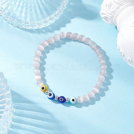 Браслеты из круглых бусин ручной работы с эффектом кошачьего глаза и сглаза для женщин BJEW-JB12289-02-1