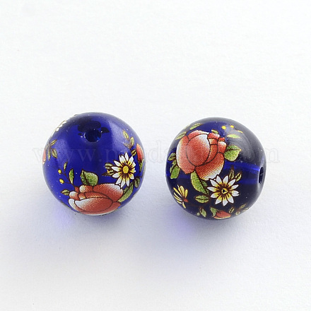 Flower Picture Transparent Glass Round Beads GFB-R004-14mm-S06-1
