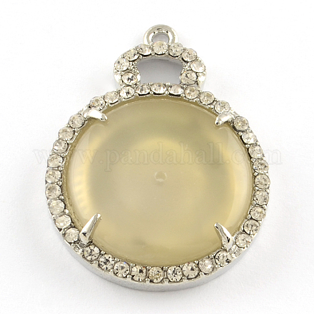 Pendentif de jade plat rond avec les accessoires de strass platine en alliage de tonalité ALRI-R036-10-1