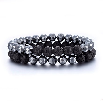 Natural Lava Rock & Non-magnetic Synthetic Hematite Beaded Stretch Bracelets Set SJEW-H584-09-1