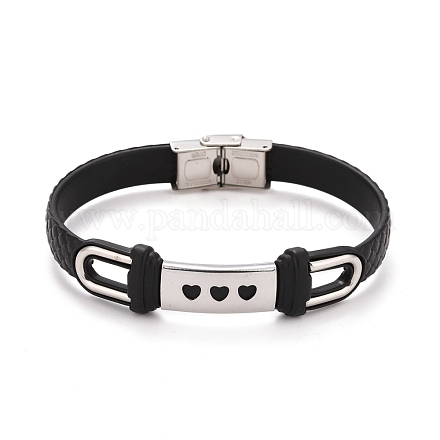 201 Stainless Steel Rectangle Link Bracelet with PU Leather Cord for Men Women BJEW-G649-07P-01-1