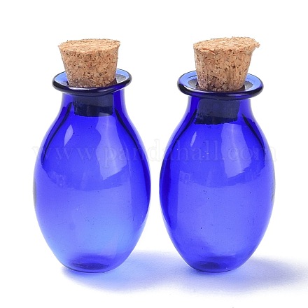 楕円形のガラスのコルク瓶の飾り  ガラスの空のウィッシングボトル  ペンダントデコレーション用のDIYバイアル  ブルー  15.5x26~30mm AJEW-O032-03B-1