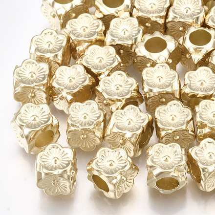 CCBプラスチックヨーロピアンビーズ  大穴ビーズ  花を持つキューブ  ライトゴールド  8x8x8mm  穴：4.5mm X-CCB-T006-041KC-1
