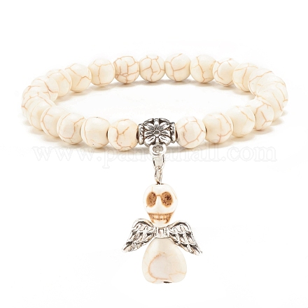 Bracelet extensible en perles synthétiques turquoise (teint) avec breloque tête de mort BJEW-JB08286-01-1