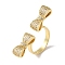 Bowknot Brass Micro Pave Clear Cubic Zirconia Open Cuff Rings for Women, Real 18K Gold Plated, Inner Diameter: 18mm