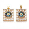 Brass Micro Pave Clear Cubic Zirconia Pendants for Women, Rectangle with Eye, with Resin, Real 18K Gold Plated, Light Salmon, 26~27x20x7~8mm, Hole: 3.5~4x5mm