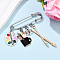 Painting 304 Stainless Steel Safety Pin Brooches, with Alloy Pendants, Mixed Shapes, Golden & Stainless Steel Color, 63mm