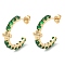 Brass & Green Glass Stud Earrings, C-Shaped, Real 18K Gold Plated, 18x7mm