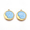 304 Stainless Steel Pendants, with Enamel, Flat Round with Moon Charms, Ion Plating(IP), Real 18K Gold Plated, Light Sky Blue, 21x18x2~3mm, Hole: 1.4~1.5mm